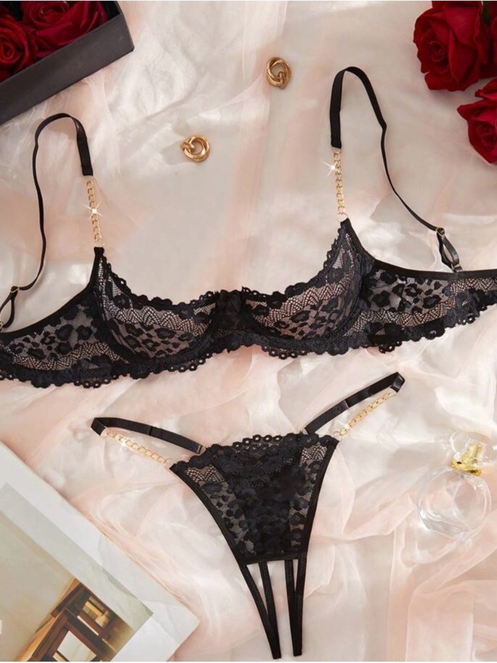 Black Lace Underwire Bra & Strappy Thong Set